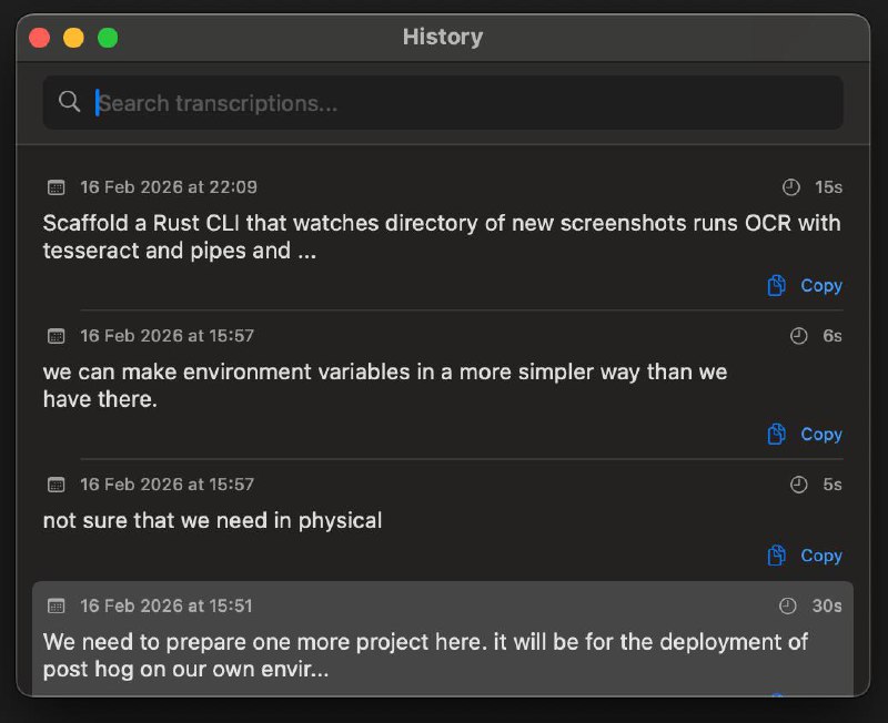 VoxTap history panel showing searchable transcription records with timestamps
