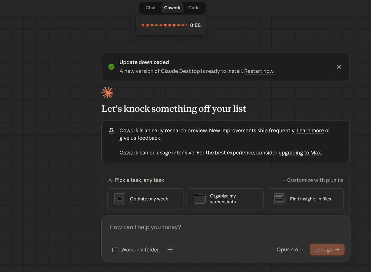 VoxTap recording overlay floating over Claude Cowork